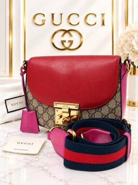 Authentic Gucci Padlock GG Supreme Crossbody Bag Web Strap Gold Hardware